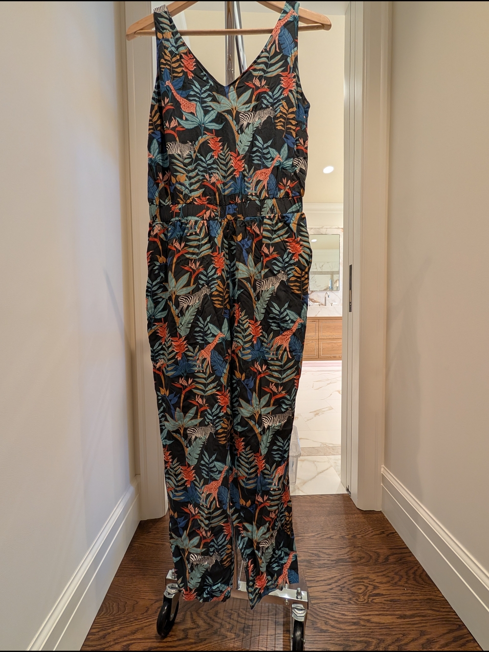 Sugarhill Brighton V-Neck Jumpsuit - Black Base with Teal & Coral Foliage